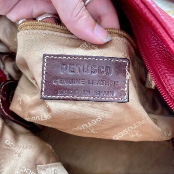 👜 Petusco Red Leather Shoulder Bag Brown Straps Zip Closure Chic Color Pop - Picture 7 of 10